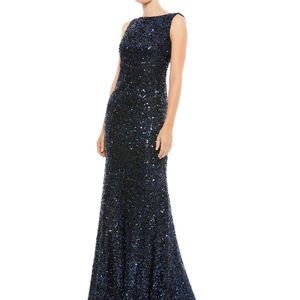 NWT Mac Duggal Couture Midnight Blue Ieena 26331 Cowl Back Boat Neck - size 10